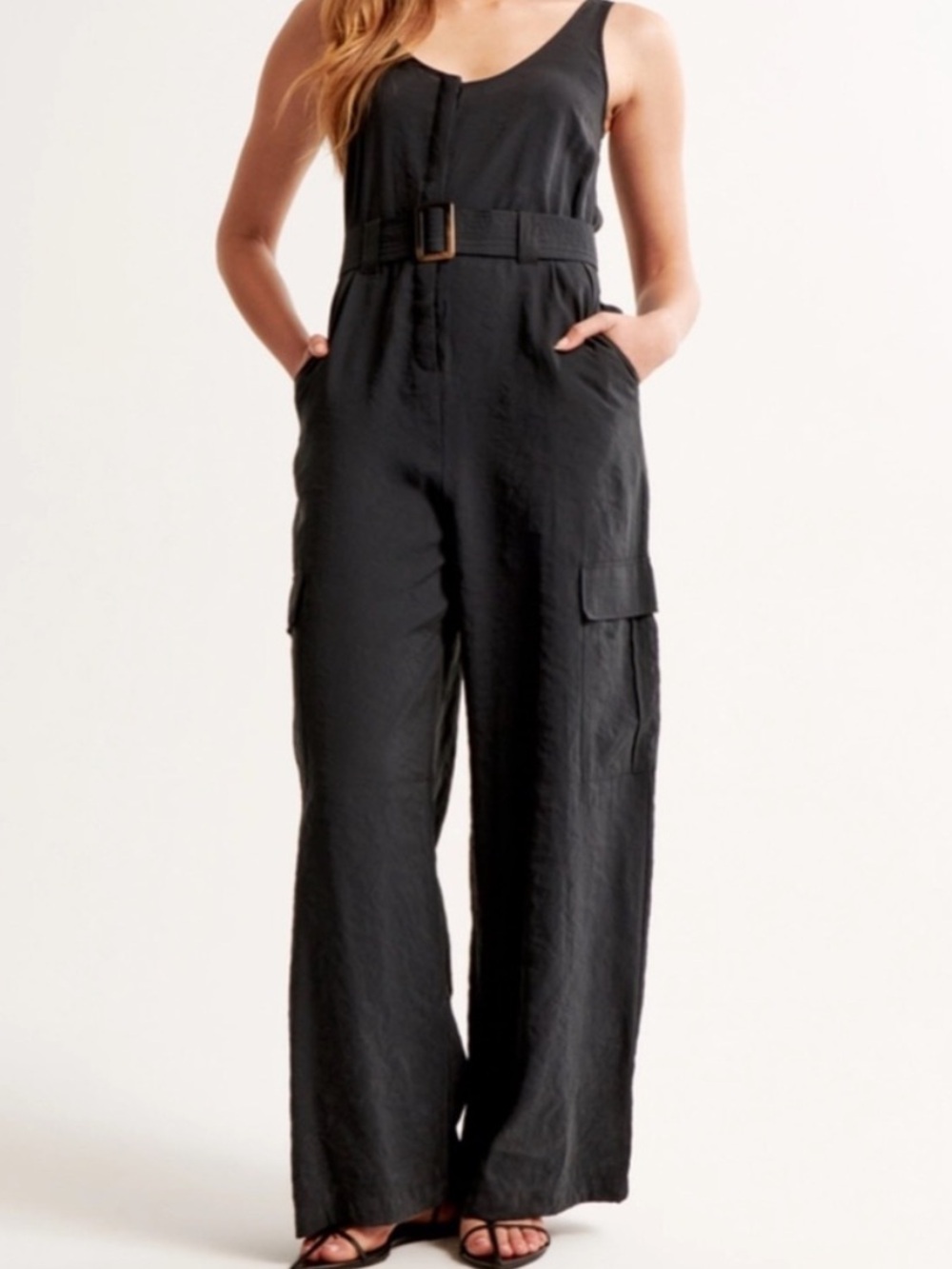 Abercrombie Sleeveless Black Belted Cargo Jumpsuit